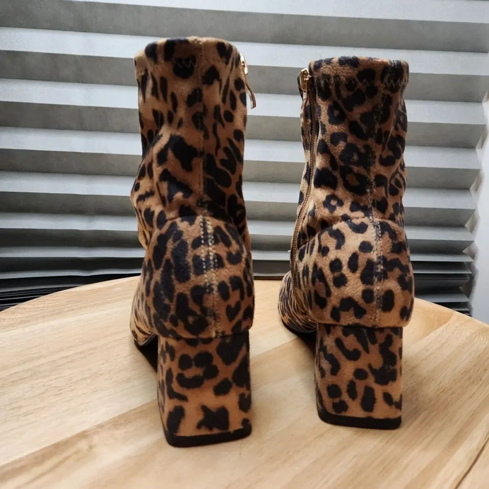 Soda Adena Leopard Print Heeled Ankle Booties Women’s 7.5 Side‑Zip